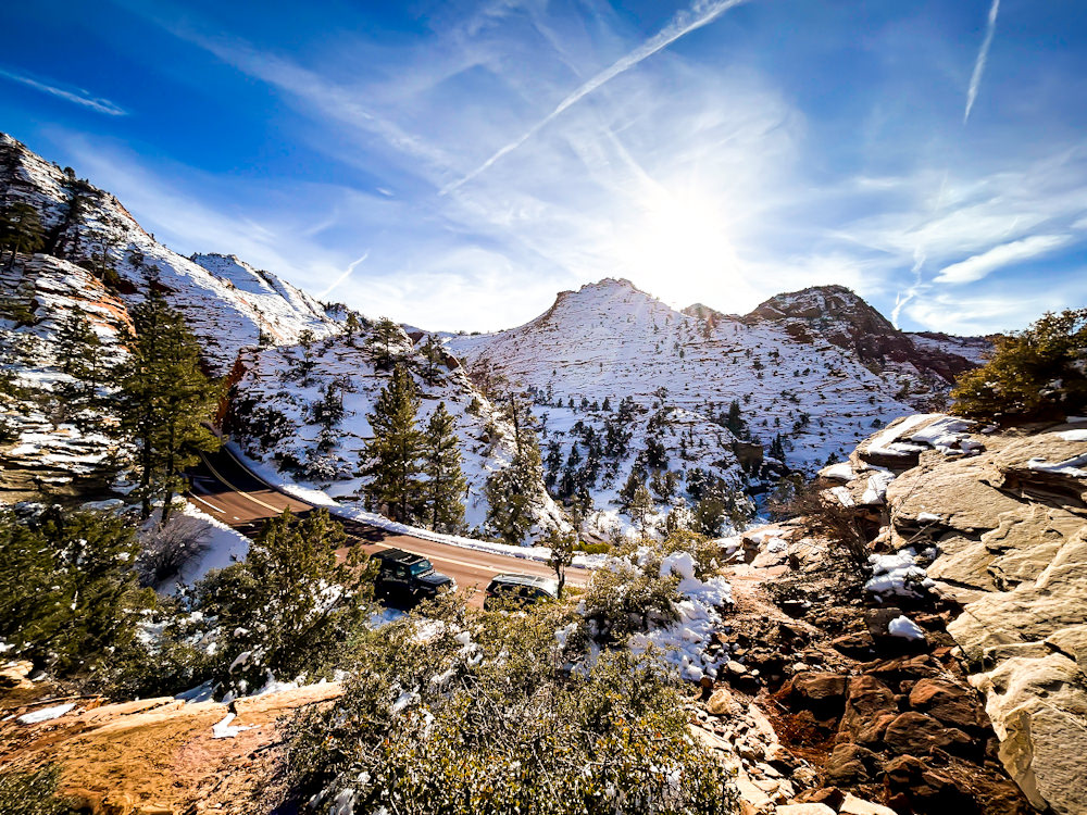 Snow on hiking trails in Zion National Park