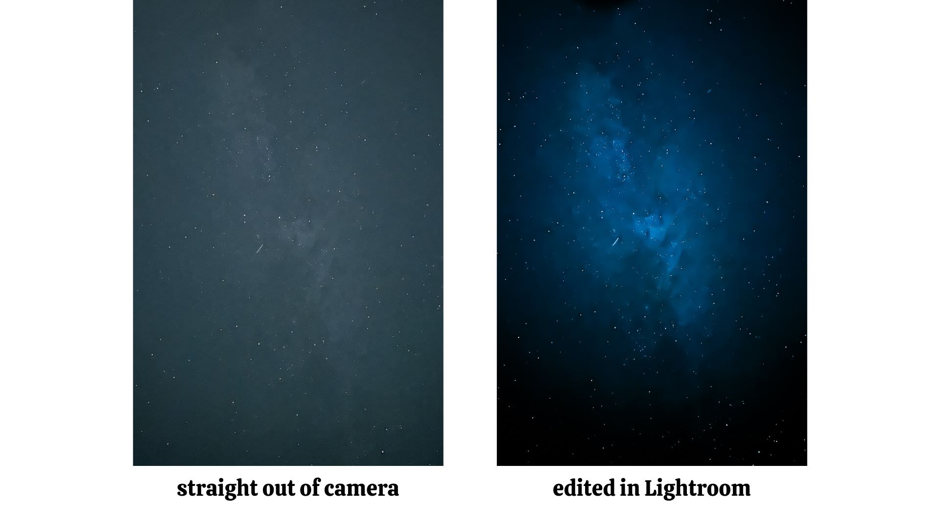 Before and after of a night sky star iphone photo