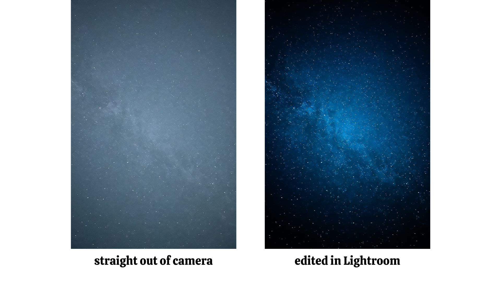Before and after of a night sky star iphone photo